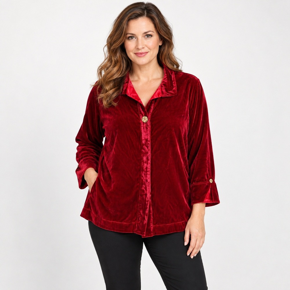 John Mark Womens 1X Red Velvet Button Front Shirt Bell Cuff Wired Collar Artsy